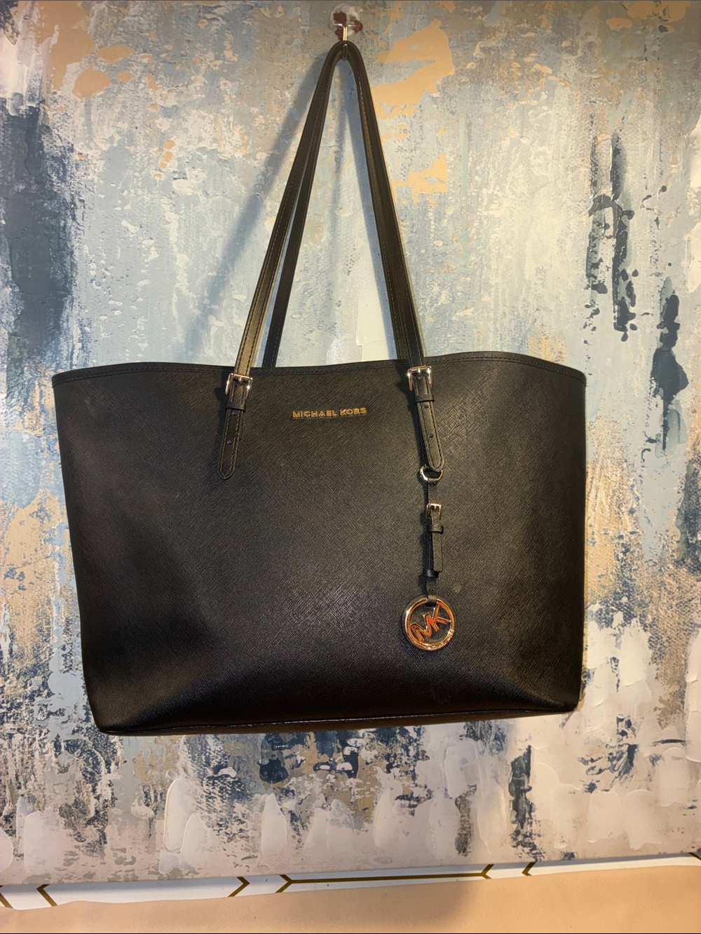 Genuine Michael Kors Black Leather  JET Set Tote with Gold MK Charm NEW straps !
